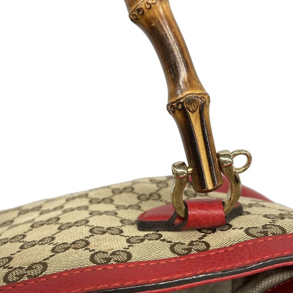 Gucci GG/Bamboo Handbag 308360 Red Beige Dark Brown Jacquard Leather - Picture 11 of 15